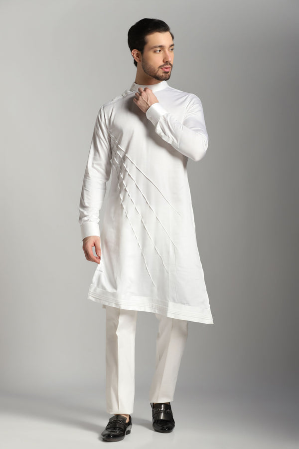 Ivory Serenity: White Asymmetric Kurta with Pintucks, Paired with Trouser Set