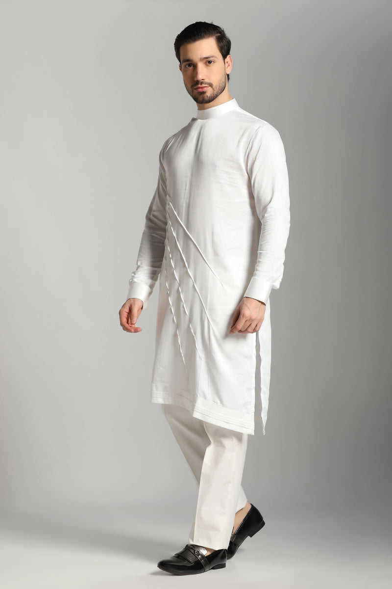 Ivory Serenity: White Asymmetric Kurta with Pintucks, Paired with Trouser Set