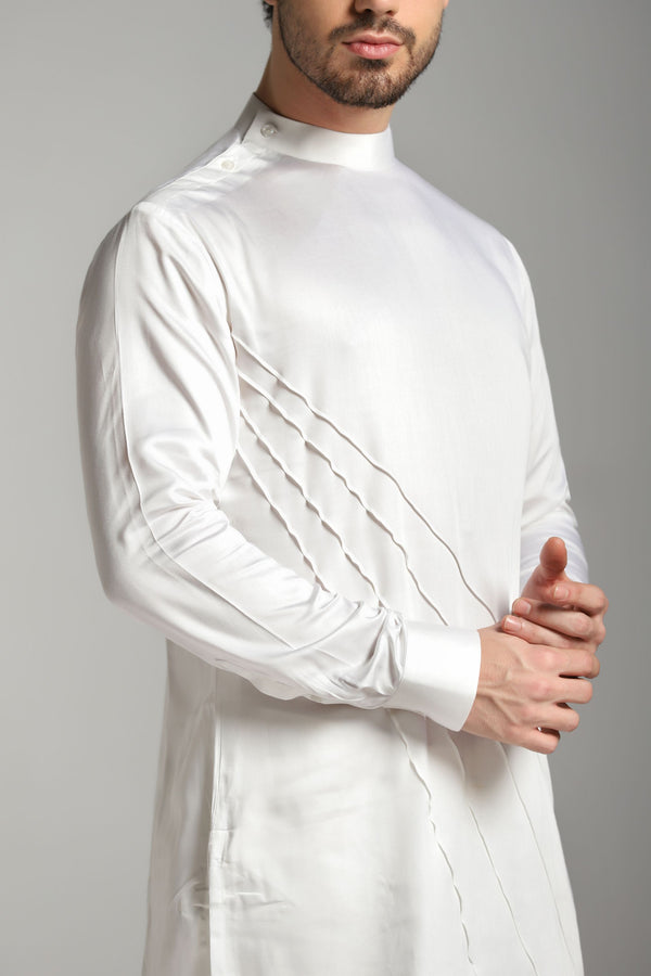 Ivory Serenity: White Asymmetric Kurta with Pintucks, Paired with Trouser Set
