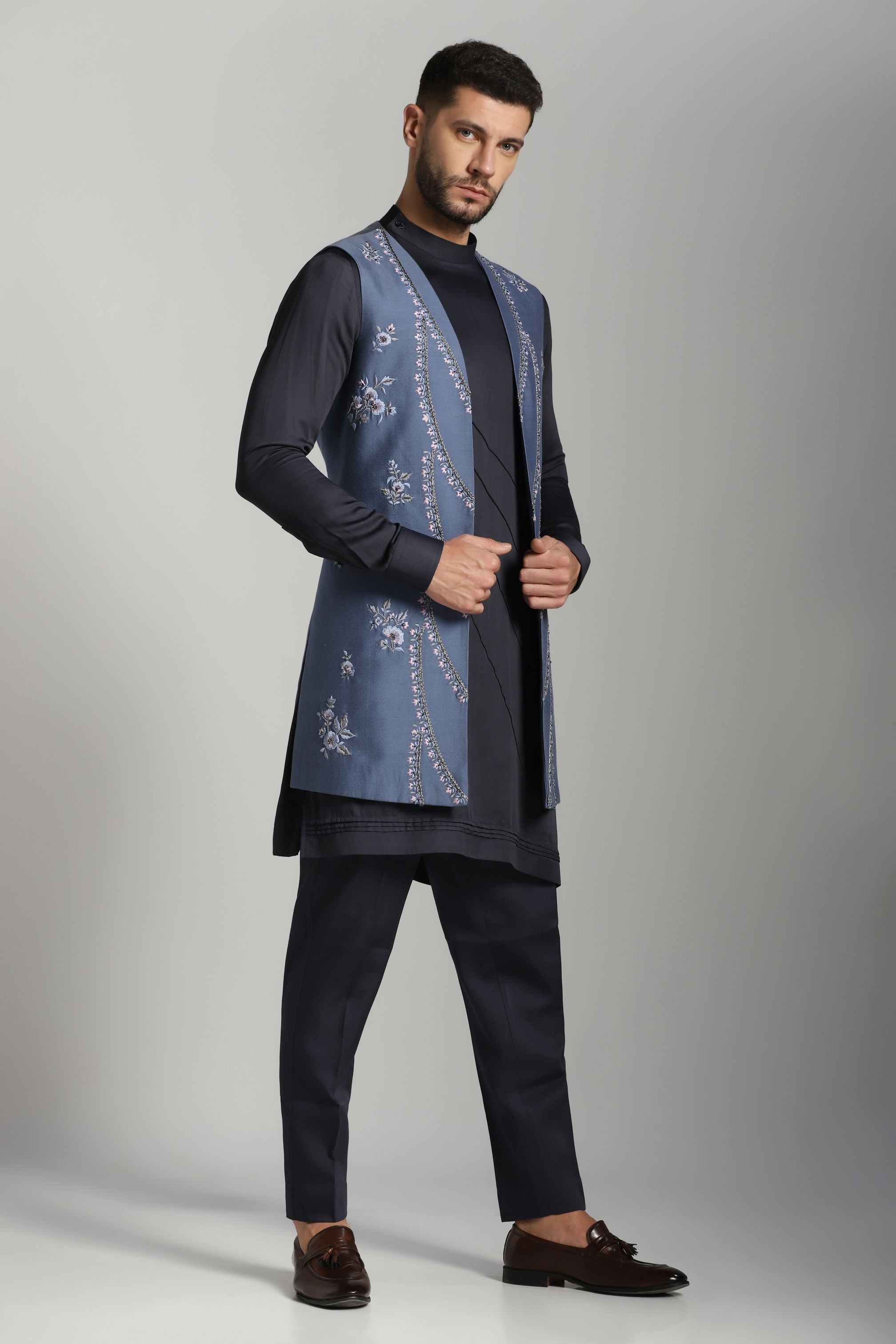 Twilight Elegance: Champagne Grey Long Nehru Jacket with Midnight Blue Asymmetric Kurta and Trouser