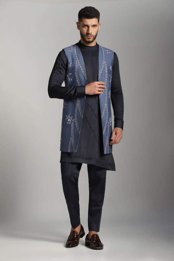 Twilight Elegance: Champagne Grey Long Nehru Jacket with Midnight Blue Asymmetric Kurta and Trouser