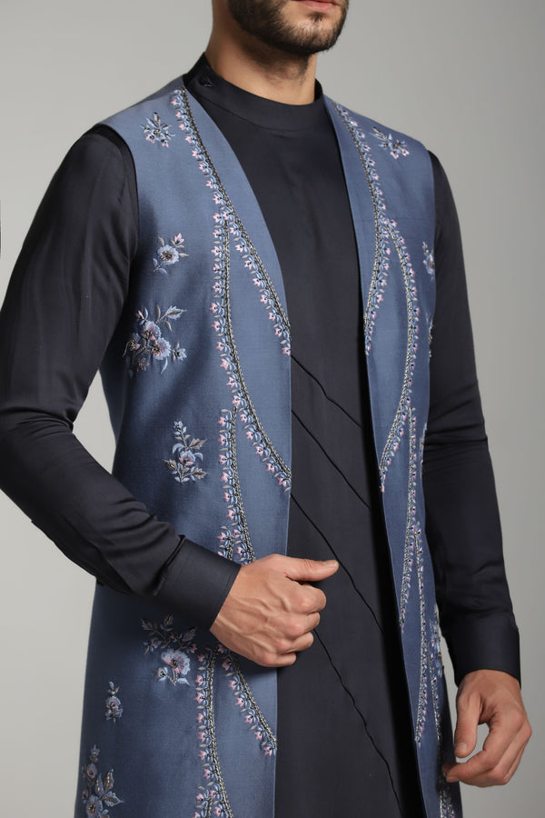 Twilight Elegance: Champagne Grey Long Nehru Jacket with Midnight Blue Asymmetric Kurta and Trouser