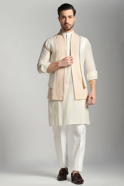 Peach Petals: 4-Layered Nehru Jacket with Chanderi Kurta and Trouser Set