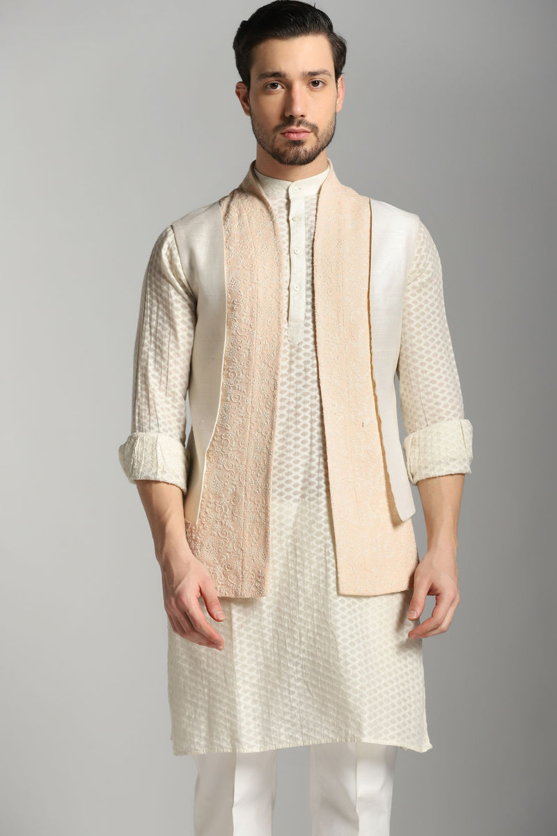 Peach Petals: 4-Layered Nehru Jacket with Chanderi Kurta and Trouser Set