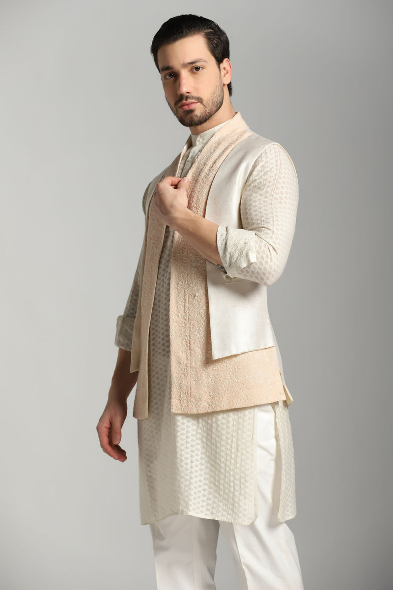 Peach Petals: 4-Layered Nehru Jacket with Chanderi Kurta and Trouser Set