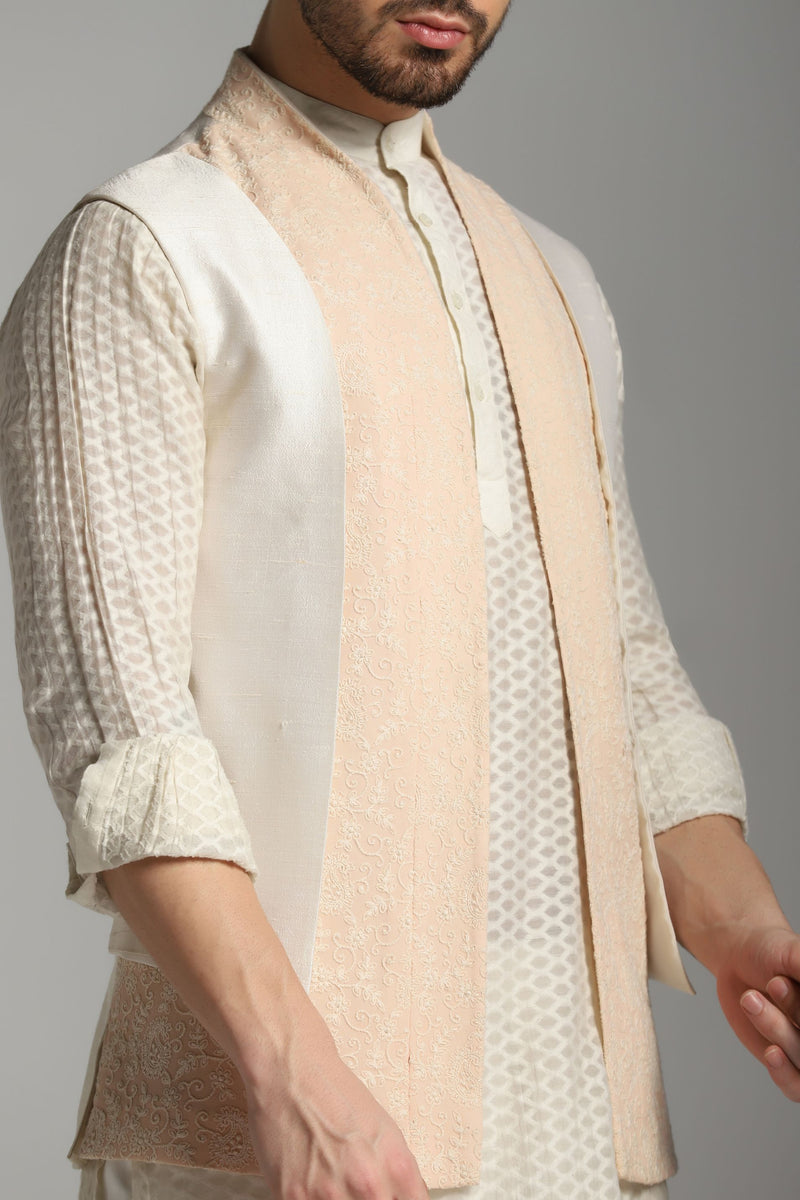 Peach Petals: 4-Layered Nehru Jacket with Chanderi Kurta and Trouser Set