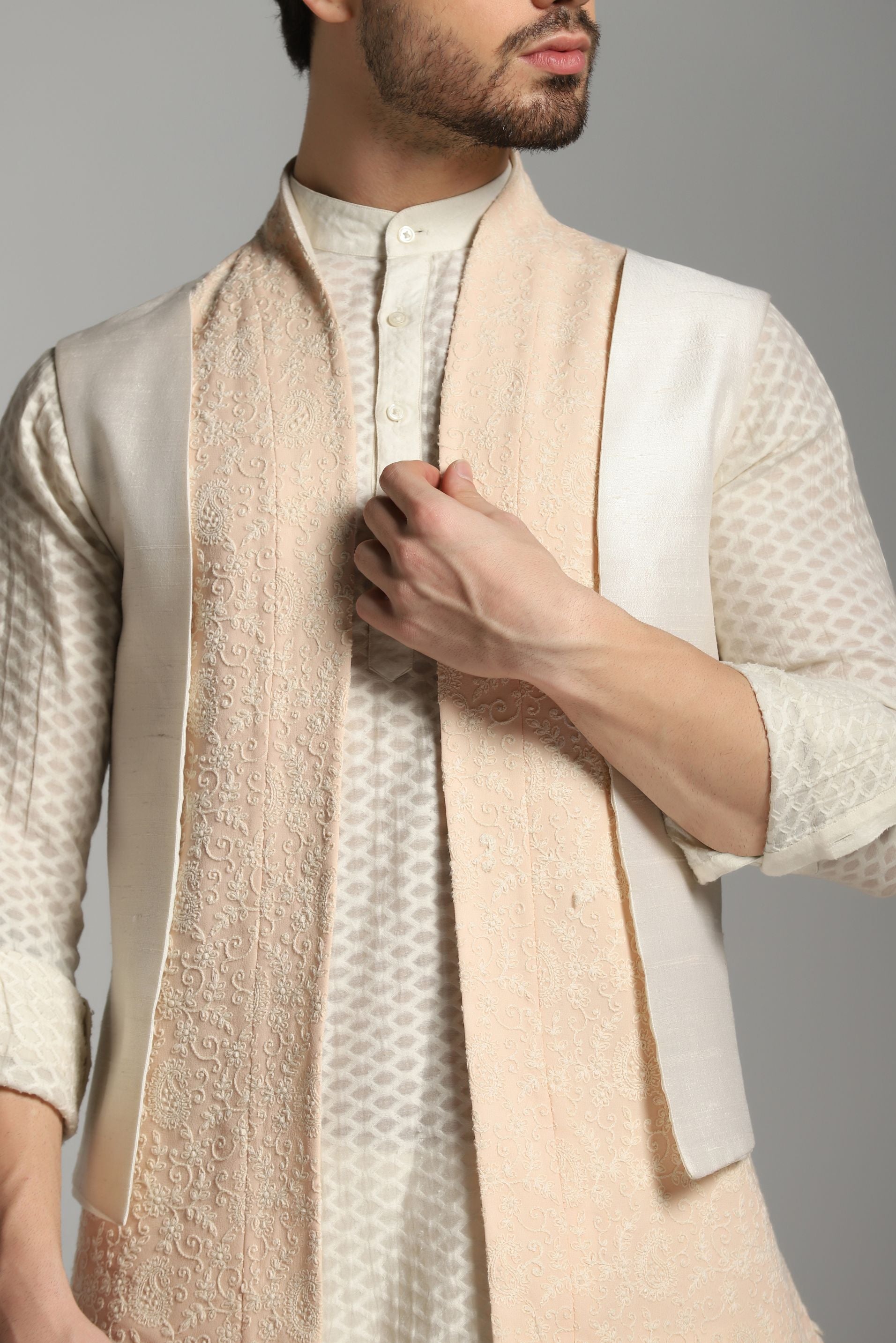 Peach Petals: 4-Layered Nehru Jacket with Chanderi Kurta and Trouser Set