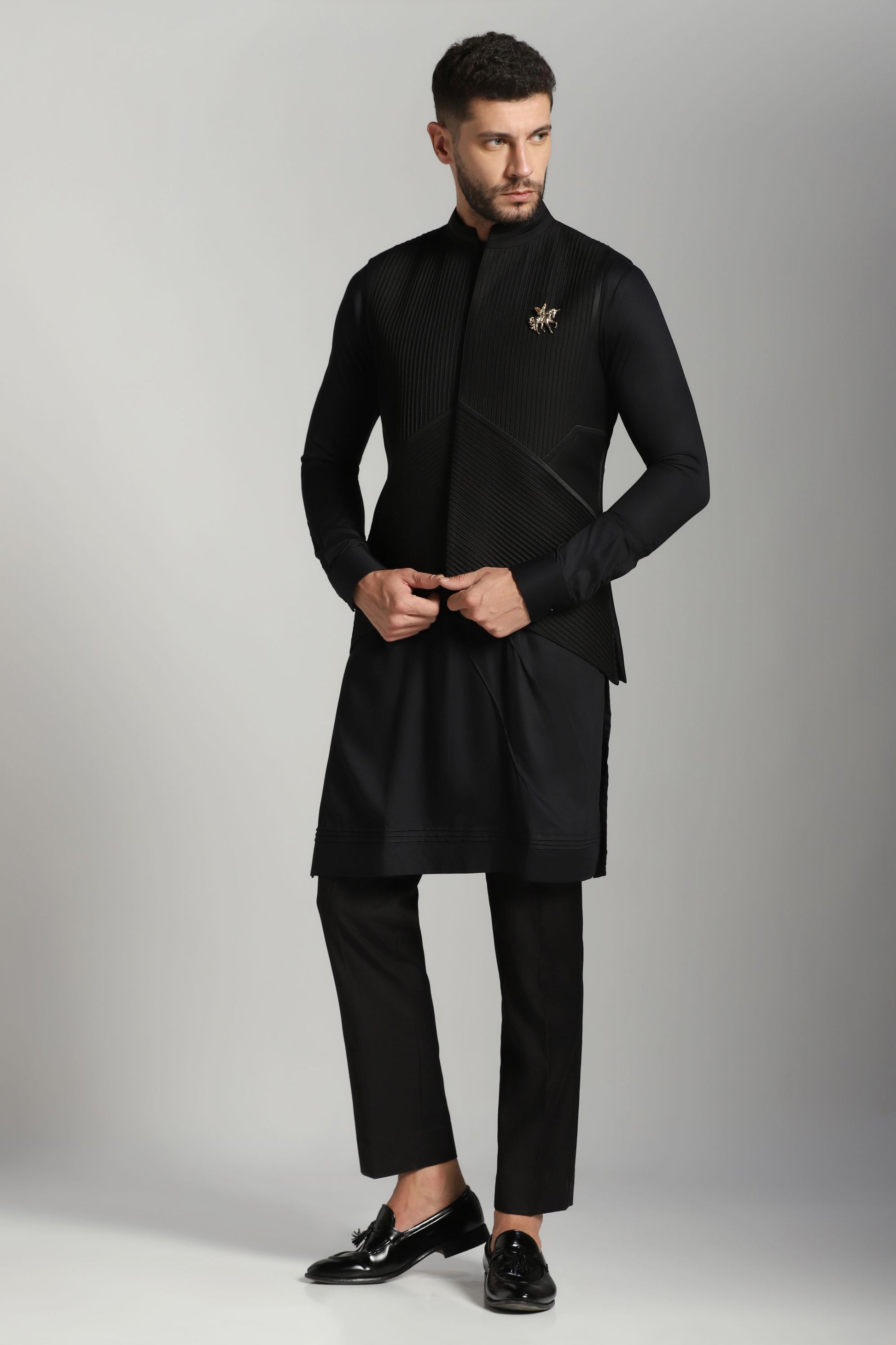 Black pintuck Nehru jacket kurta set Indian festive | Bhavya Bhasin Couture