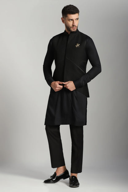 Black pintuck Nehru jacket kurta set Indian festive | Bhavya Bhasin Couture