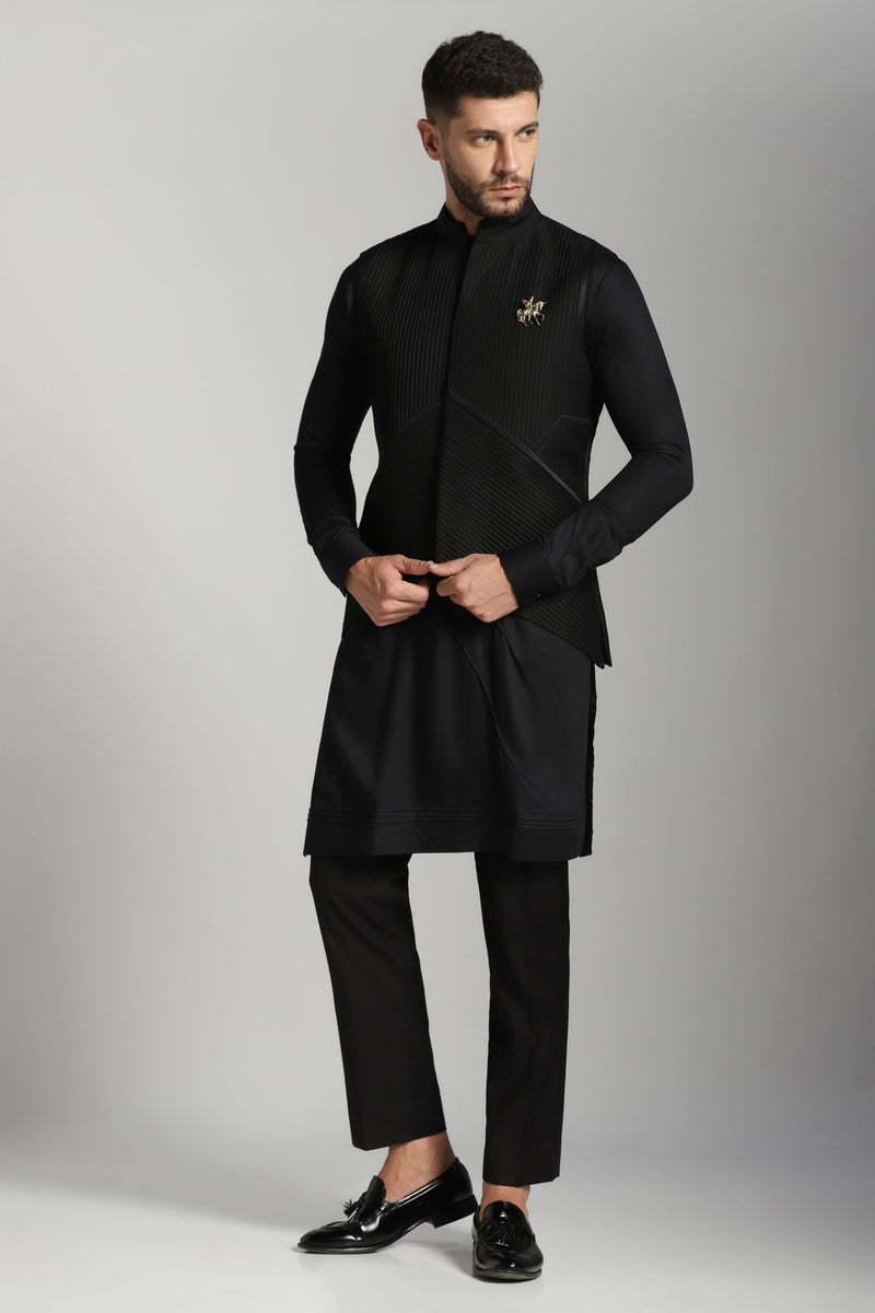 Classic Noir Ensemble: Black Pintucks Nehru Jacket paired with Kurta and Trouser