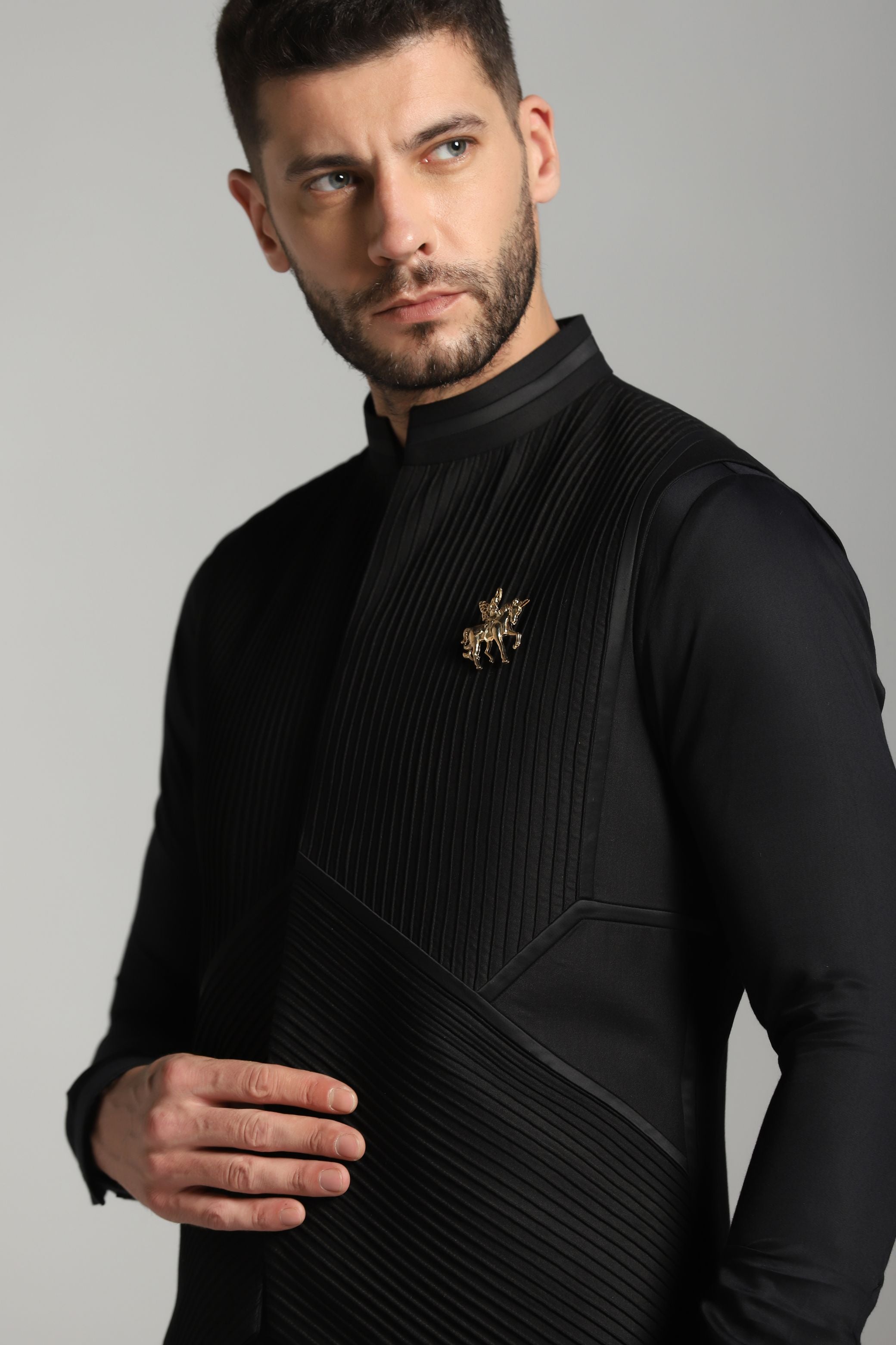 Classic Noir Ensemble: Black Pintucks Nehru Jacket paired with Kurta and Trouser