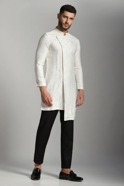 White Chanderi self-design kurta with black trouser | Bhavya Bhasin Couture