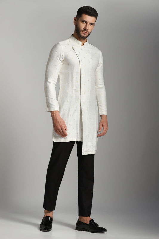 White Chanderi self-design kurta with black trouser | Bhavya Bhasin Couture