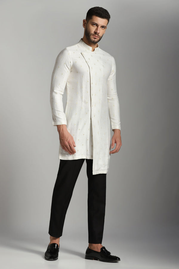 Timeless Monochrome: White Self-Design Chanderi Kurta with Black Trouser