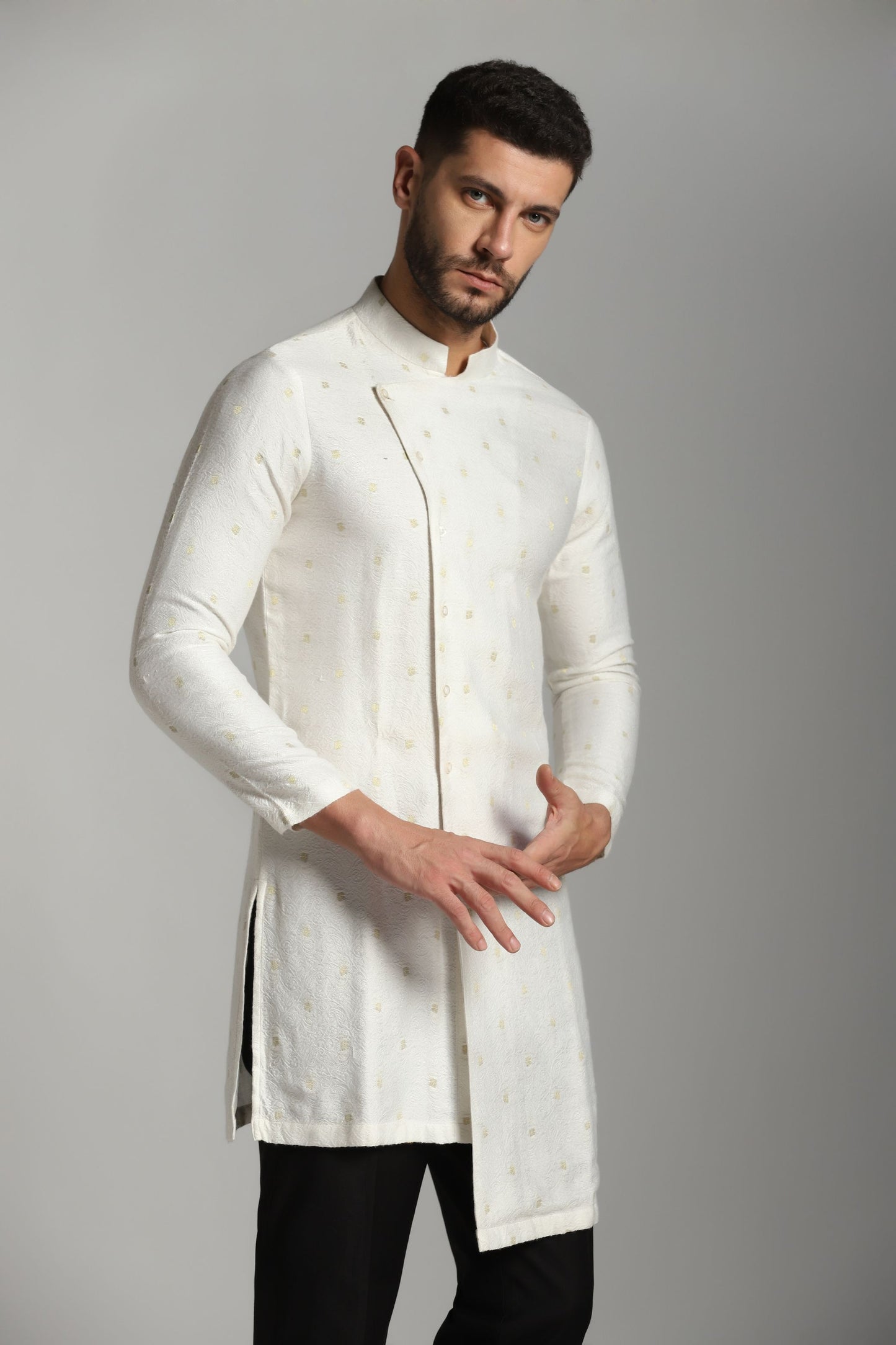 Timeless Monochrome: White Self-Design Chanderi Kurta with Black Trouser