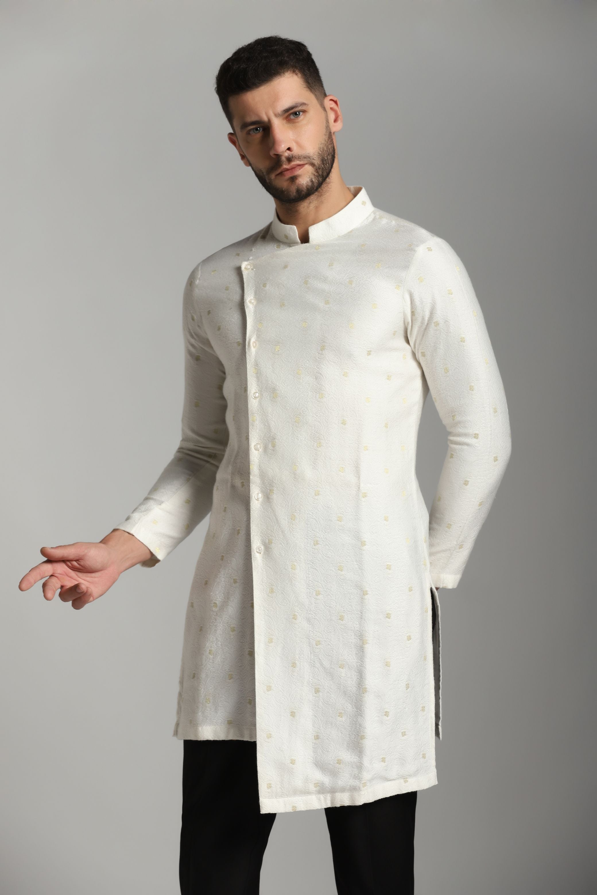 Timeless Monochrome: White Self-Design Chanderi Kurta with Black Trouser