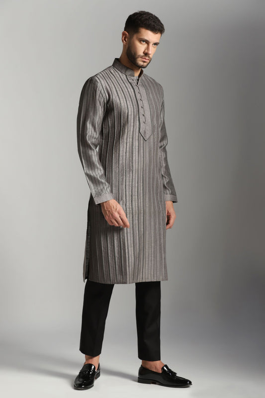 Grey thread work kurta with black trouser Indian festive | Bhavya Bhasin Couture