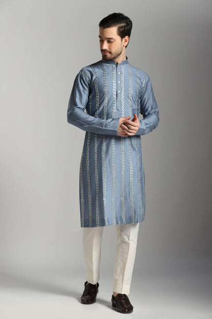 Blue pintuck Zari embroidery kurta with ivory trouser | Bhavya Bhasin Couture