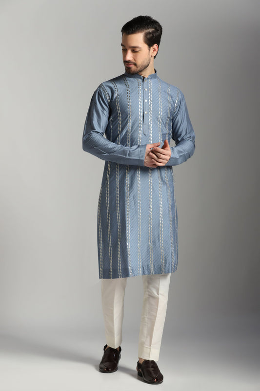 Blue pintuck Zari embroidery kurta with ivory trouser | Bhavya Bhasin Couture