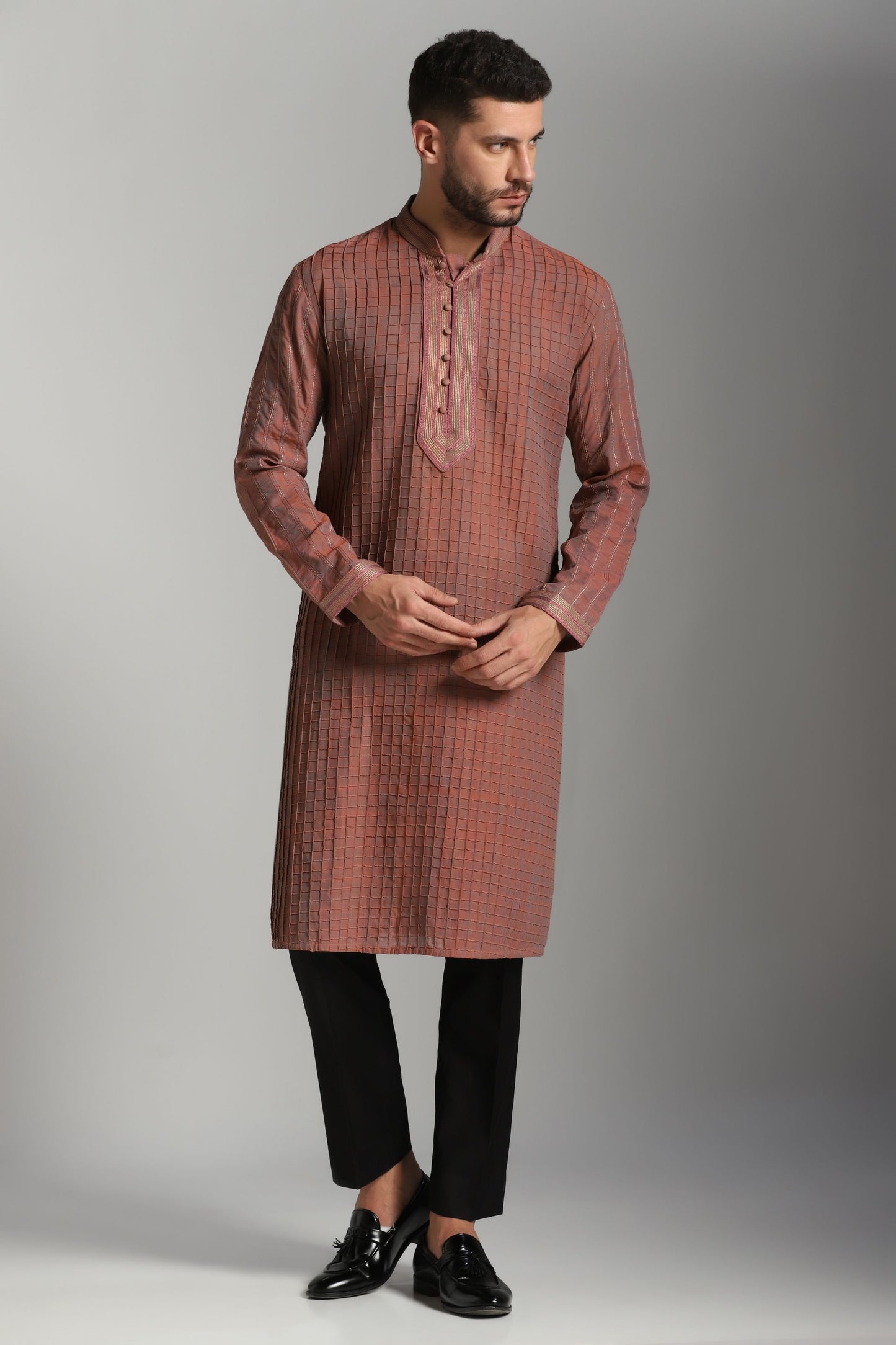 Carrot pink pintuck kurta with black trouser festive | Bhavya Bhasin Couture