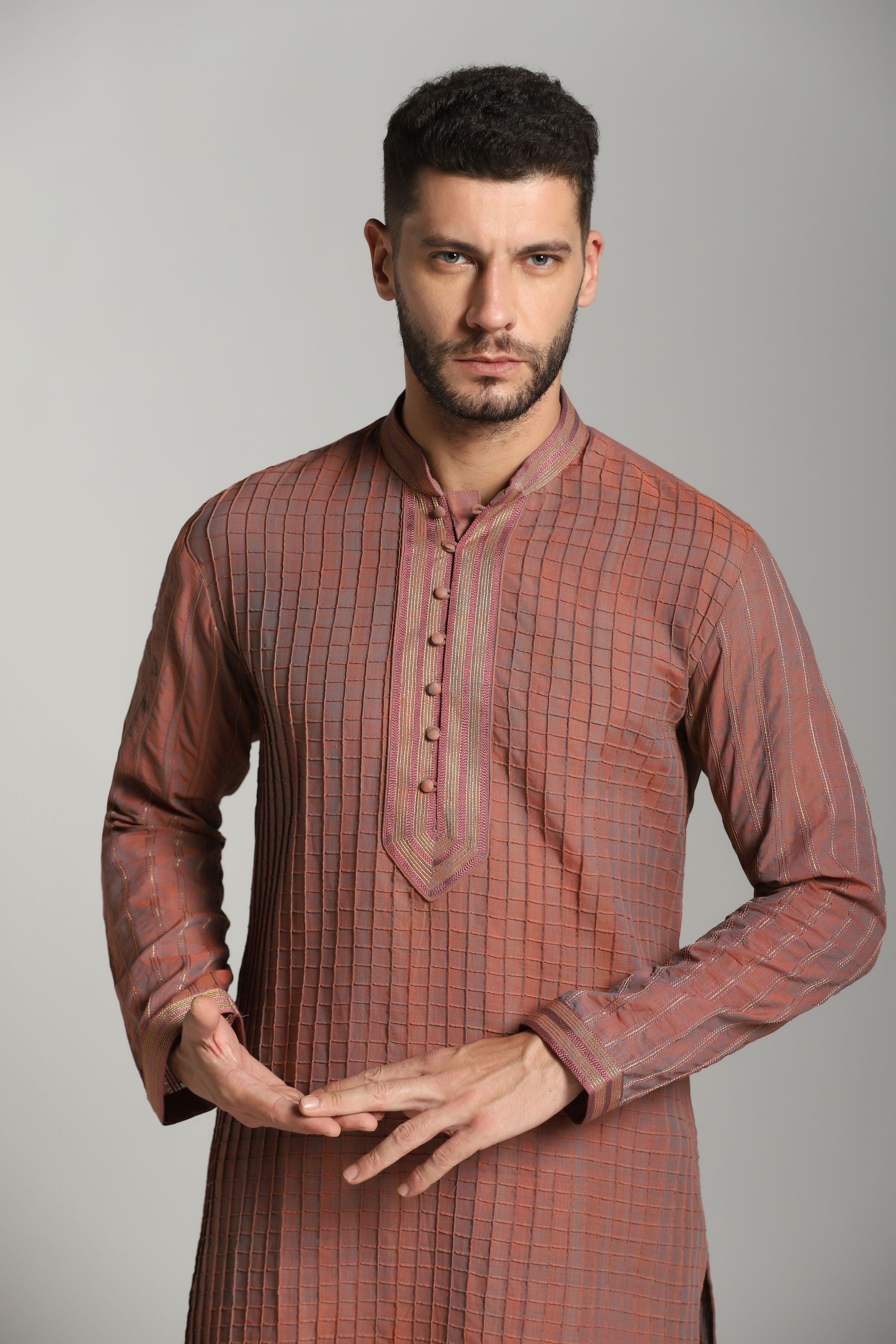 Sunset Radiance: Carrot Pink Pintucks Kurta with Black Trouser