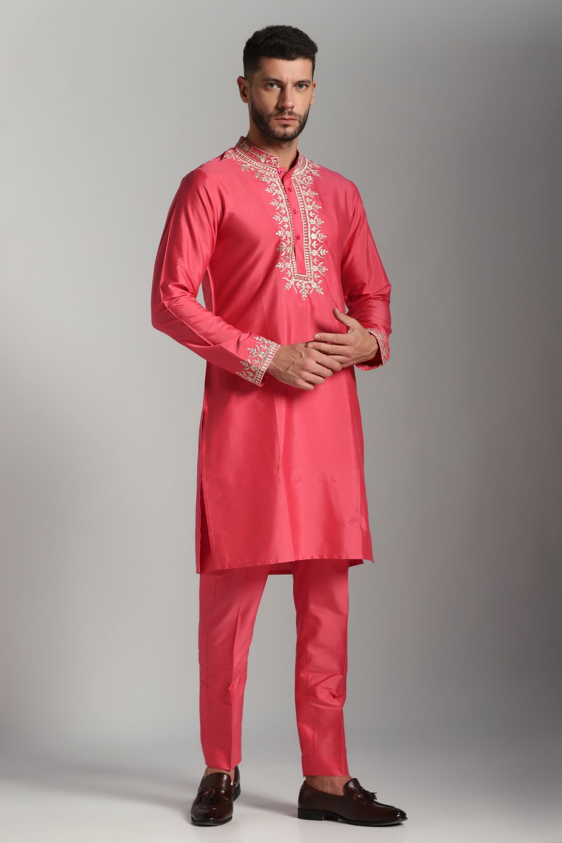 Roseate Radiance: Carrot Pink Kurta with Zari and Thread Embroidery, Paired with Trouser