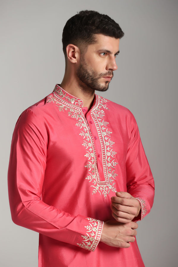 Roseate Radiance: Carrot Pink Kurta with Zari and Thread Embroidery, Paired with Trouser