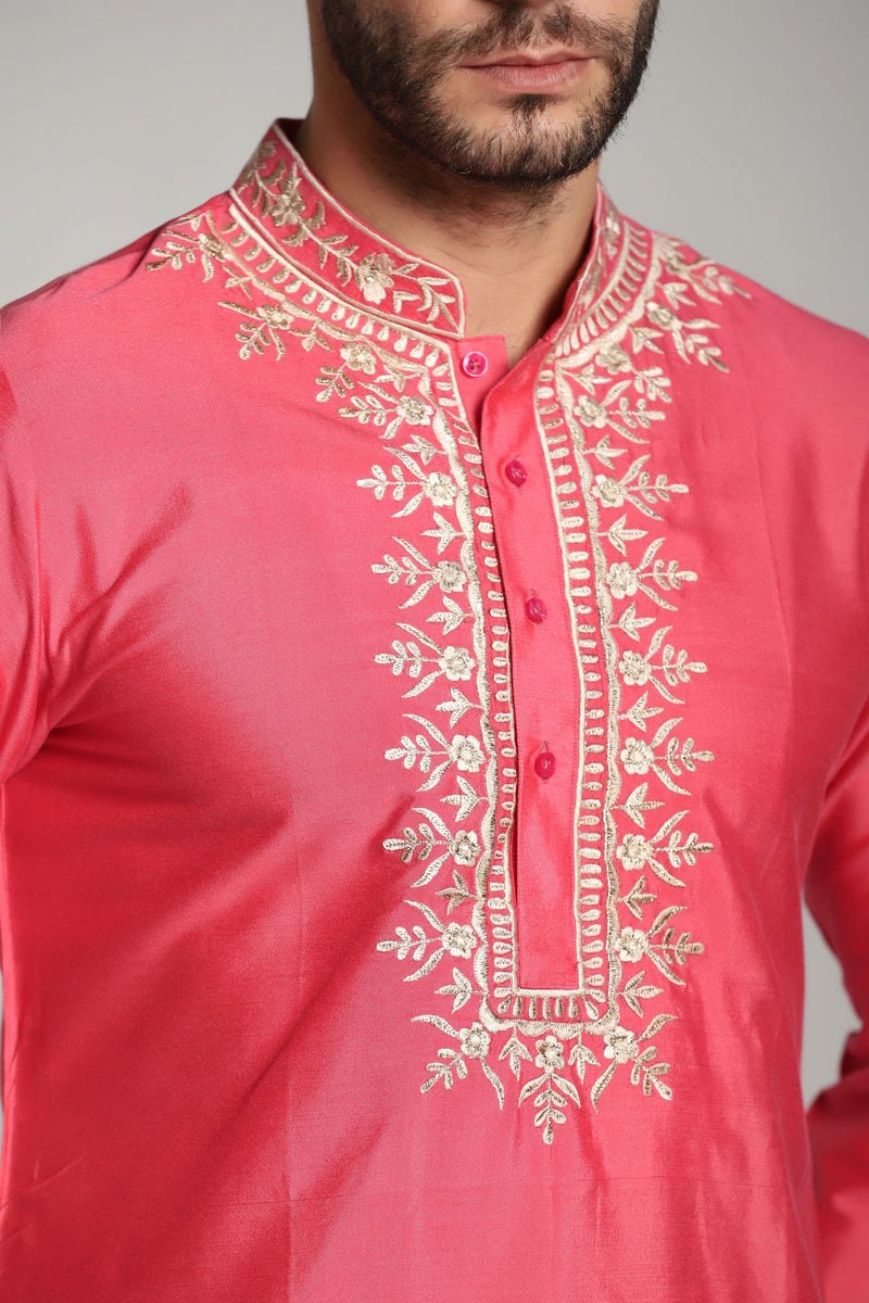 Roseate Radiance: Carrot Pink Kurta with Zari and Thread Embroidery, Paired with Trouser