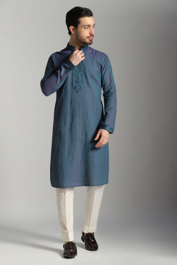 Serenade in Blue: Pintucks Kurta with Ivory Trouser Ensemble