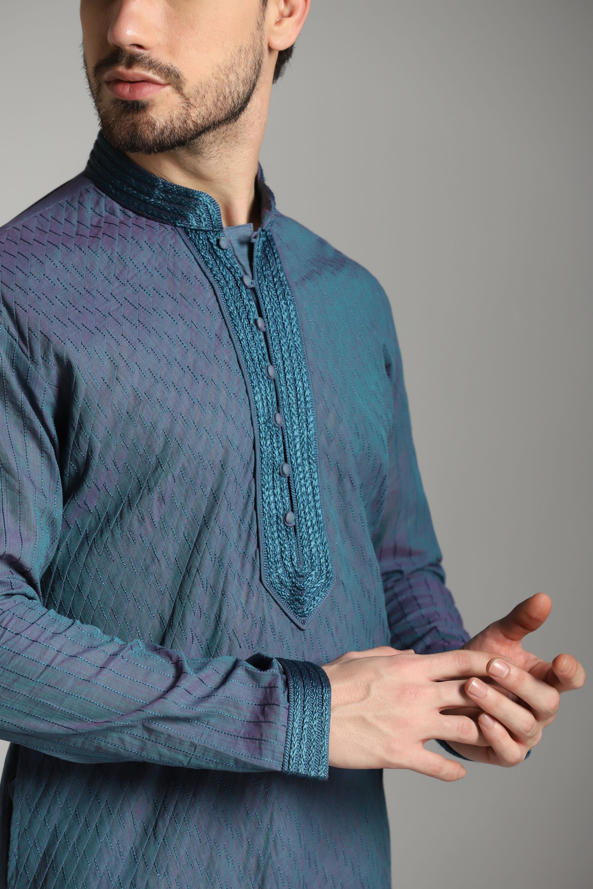 Serenade in Blue: Pintucks Kurta with Ivory Trouser Ensemble