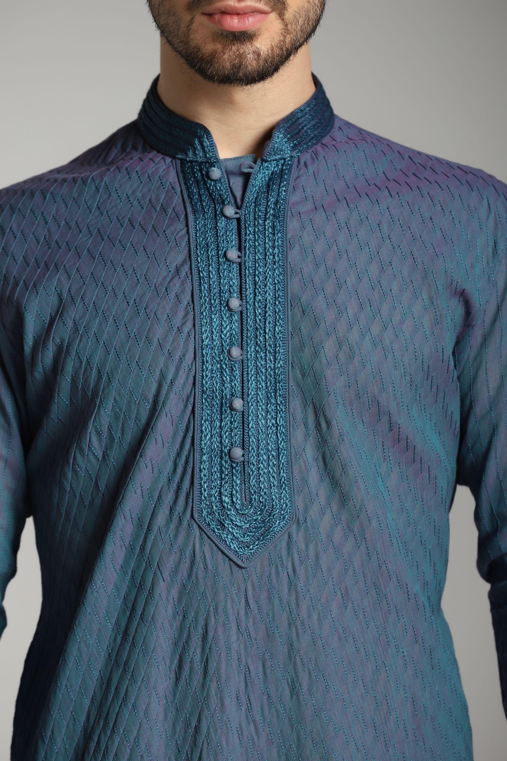 Serenade in Blue: Pintucks Kurta with Ivory Trouser Ensemble