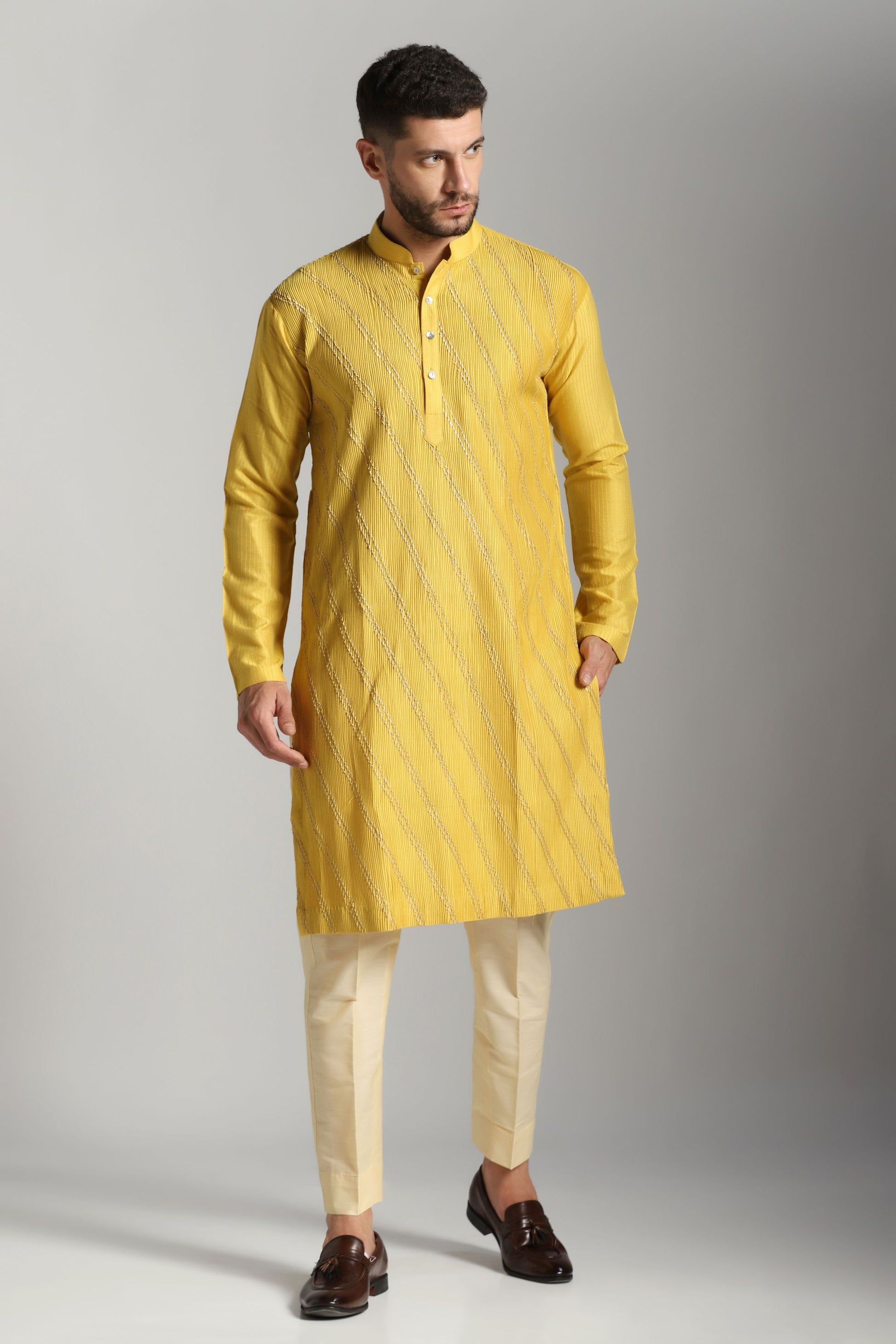 Lime green pintuck embroidered kurta trouser set festive | Bhavya Bhasin Couture