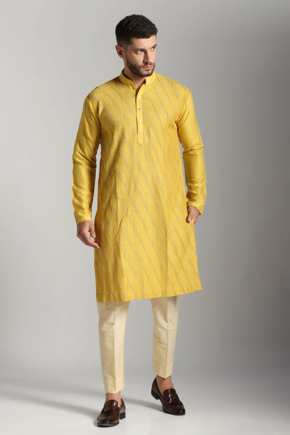 Lime green pintuck embroidered kurta trouser set festive | Bhavya Bhasin Couture