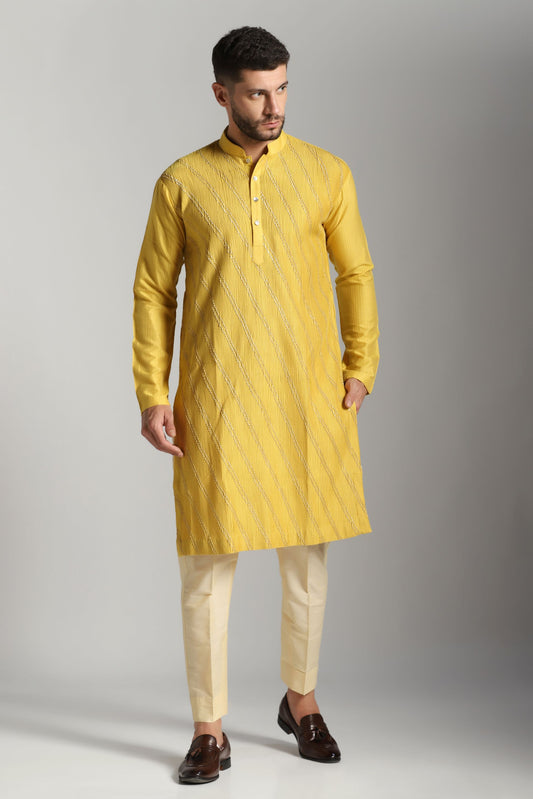 Lime green pintuck embroidered kurta trouser set festive | Bhavya Bhasin Couture