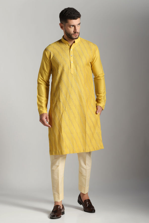 Citrus Bloom: Lime Pintucks and Embroidered Kurta with Trouser Set