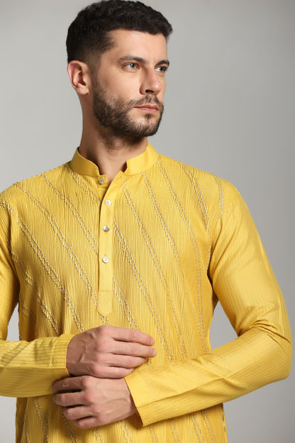 Citrus Bloom: Lime Pintucks and Embroidered Kurta with Trouser Set