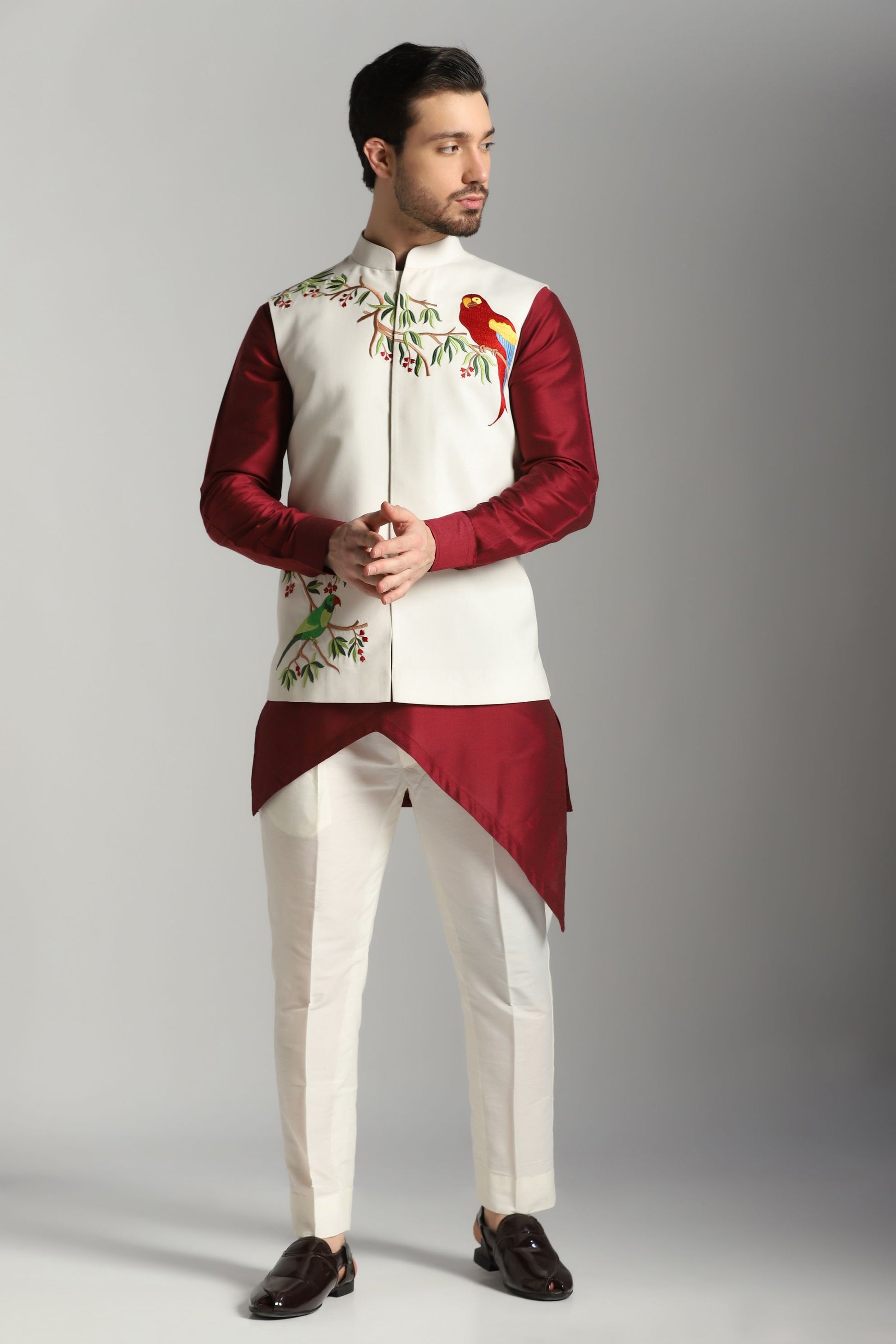 Burgundy velvet Nehru jacket kurta set Indian wedding | Bhavya Bhasin Couture
