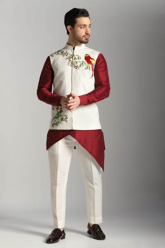 Burgundy velvet Nehru jacket kurta set Indian wedding | Bhavya Bhasin Couture