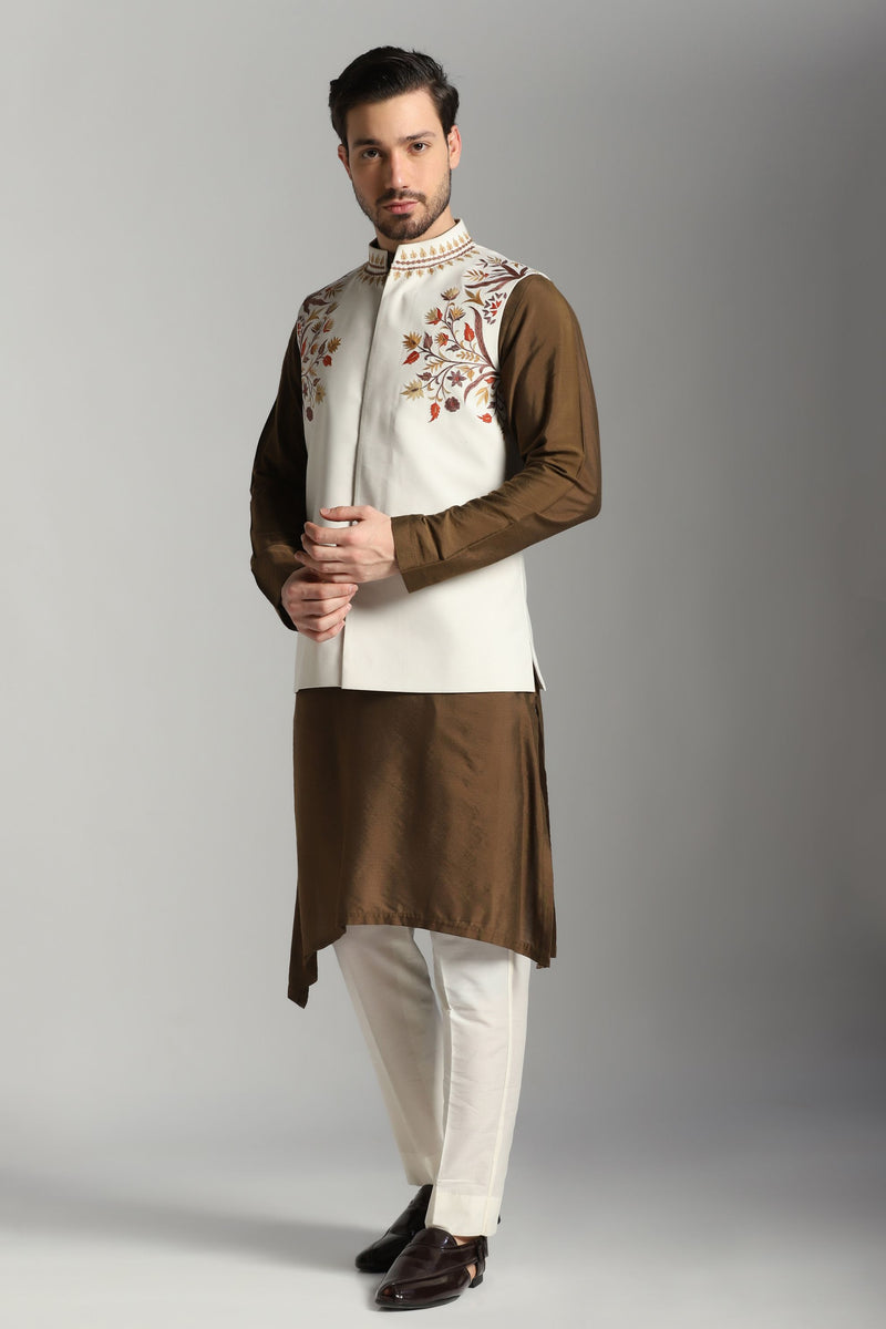 Mocha Harmony: Brown Asymmetric Kurta with Ivory Nehru Jacket and Trouser