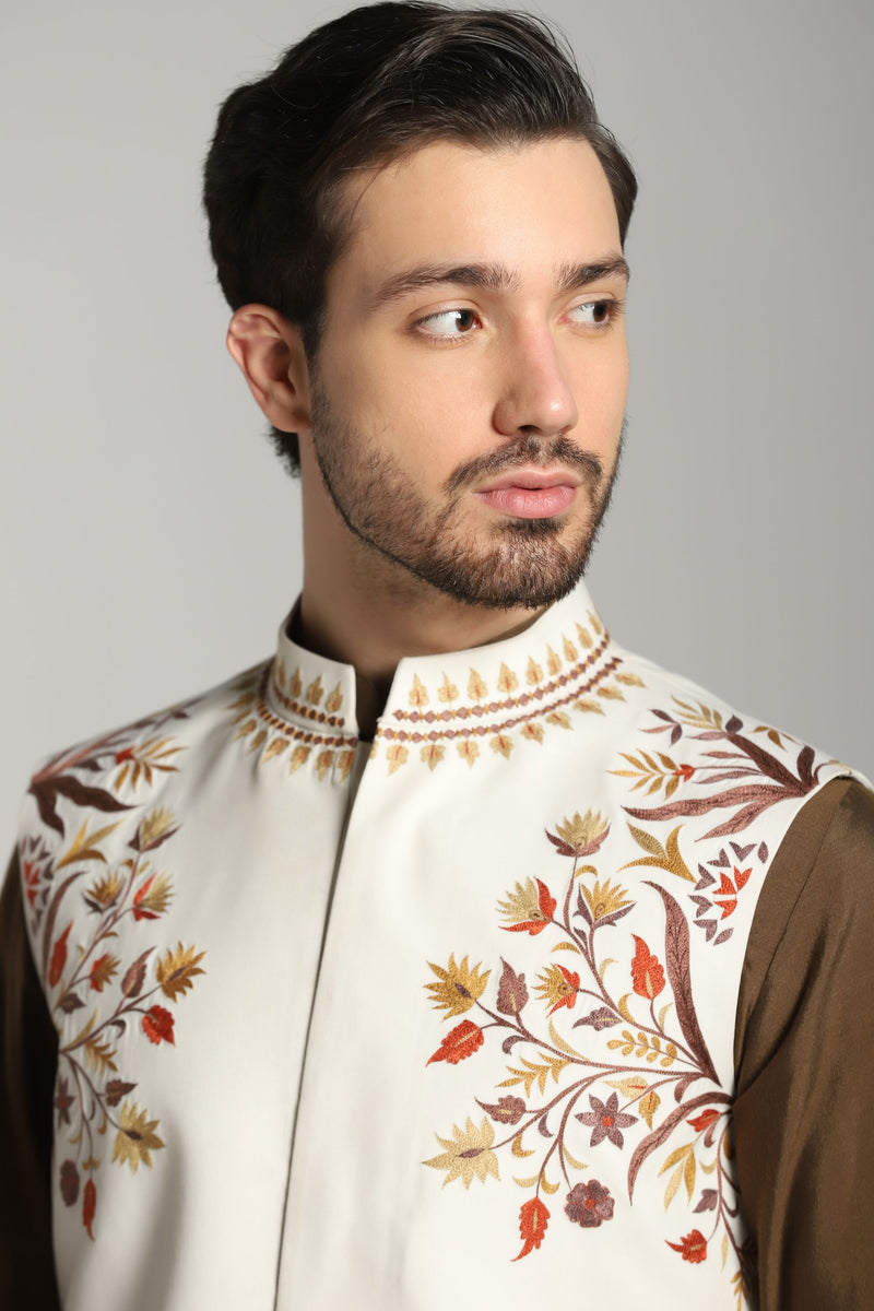 Mocha Harmony: Brown Asymmetric Kurta with Ivory Nehru Jacket and Trouser