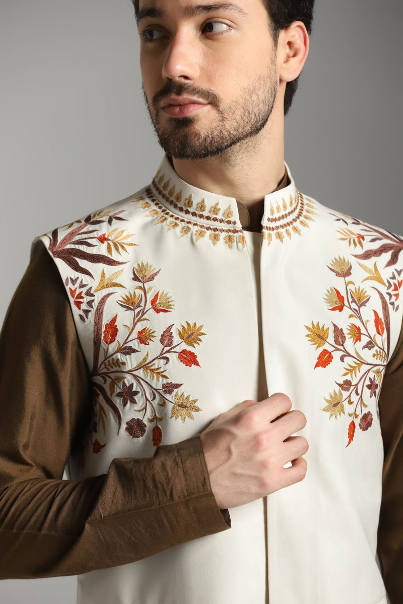 Mocha Harmony: Brown Asymmetric Kurta with Ivory Nehru Jacket and Trouser