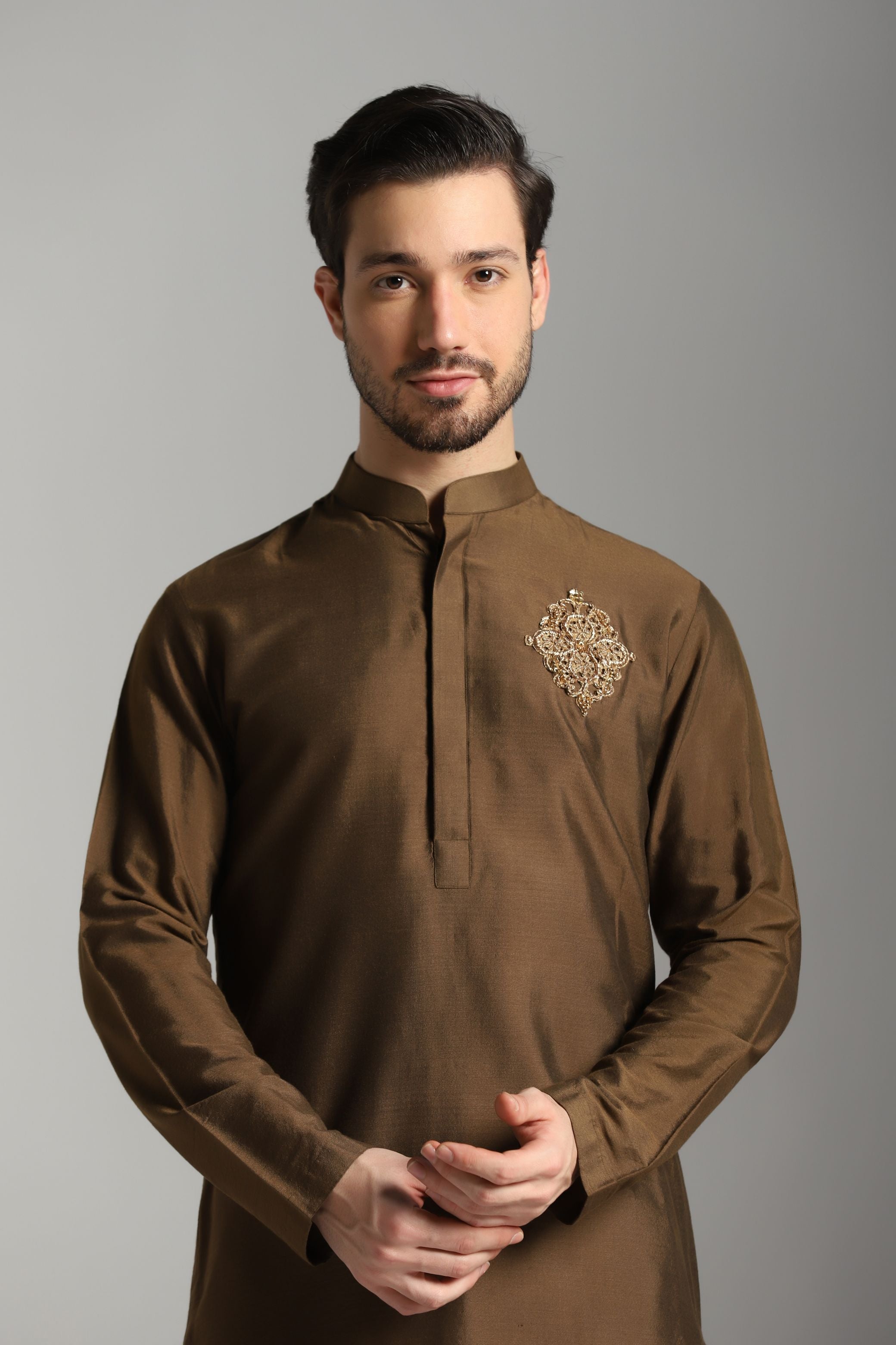 Earthen Elegance: Brown Asymmetric Kurta with Motif and Ivory Trouser