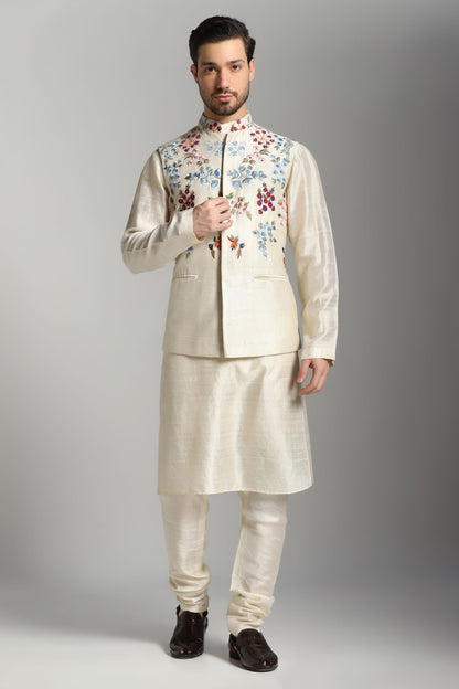 Ivory raw silk embroidered Nehru jacket set | Bhavya Bhasin Couture
