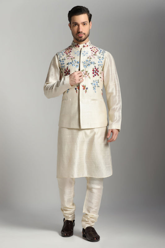 Ivory raw silk embroidered Nehru jacket set | Bhavya Bhasin Couture