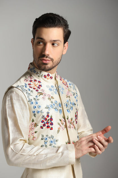 Ivory Elegance: Raw Silk Embroidered Nehru Jacket Set