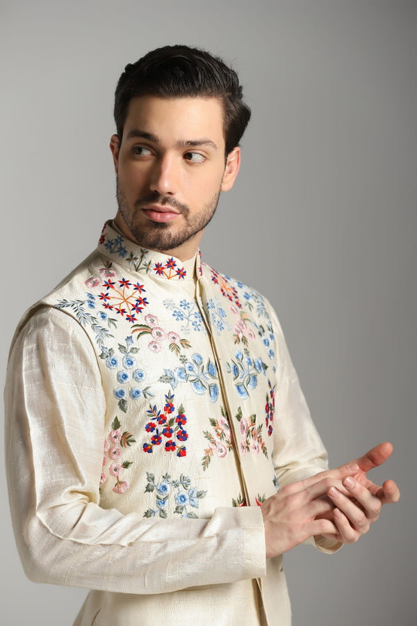 Ivory Elegance: Raw Silk Embroidered Nehru Jacket Set