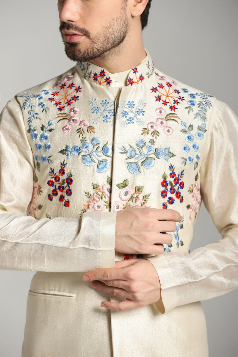 Ivory Elegance: Raw Silk Embroidered Nehru Jacket Set