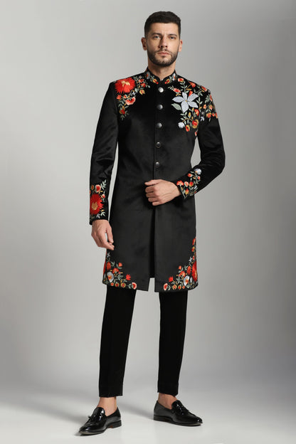 Black velvet floral kurta set Indian festive wear | Bhavya Bhasin Couture