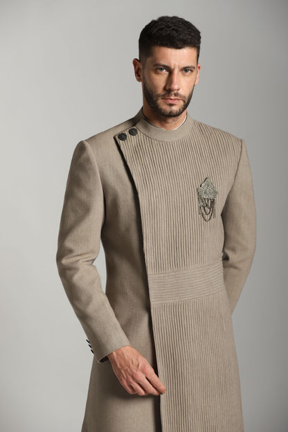 Mocha pintuck Indo-Western front detail | Bhavya Bhasin Couture