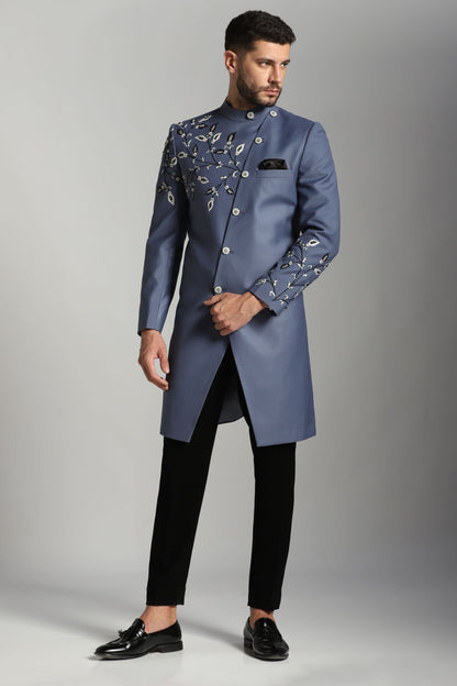 Teal embroidered Indo-Western ensemble for men | Bhavya Bhasin Couture